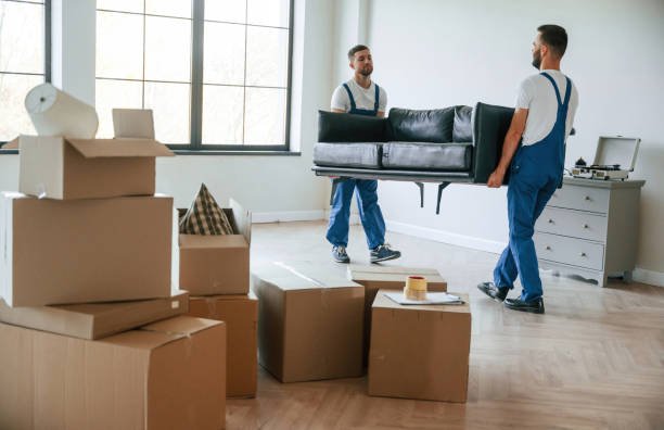 holding heavy sofa. two moving service employees in a room.