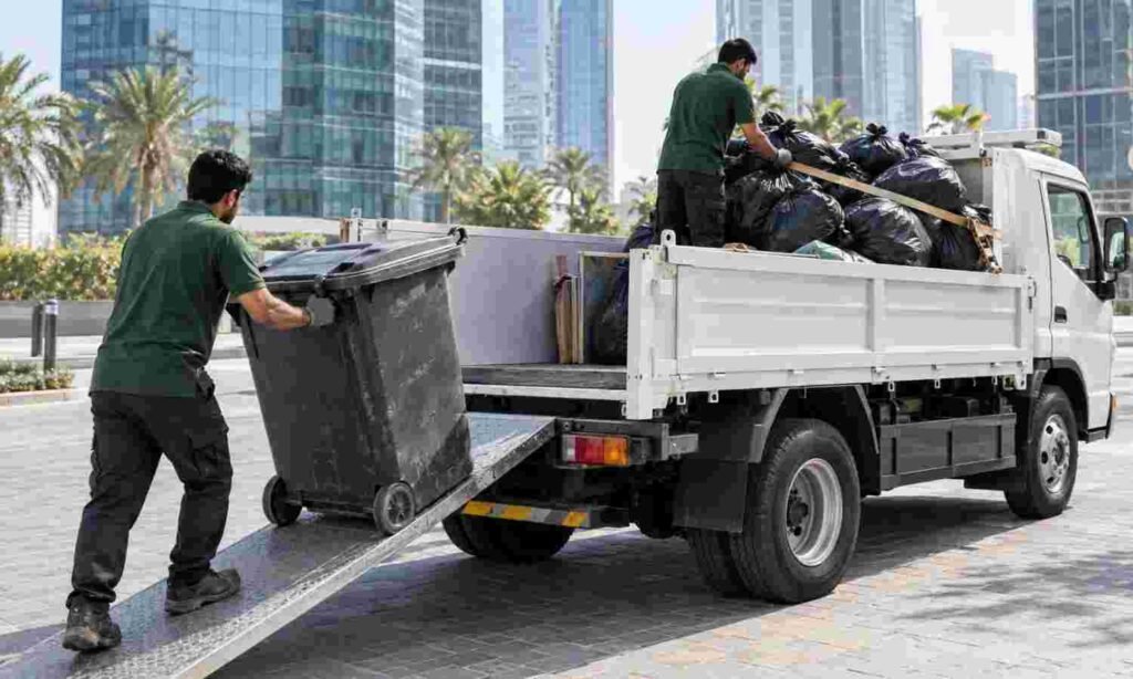 Waste removal in Dubai: workers loading garbage bags and cardboard onto a truck near villas and shops.