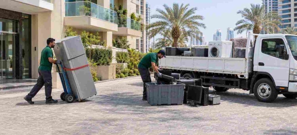 Professional e-waste removal in Dubai: worker moving a fridge safely while another crates old monitors.