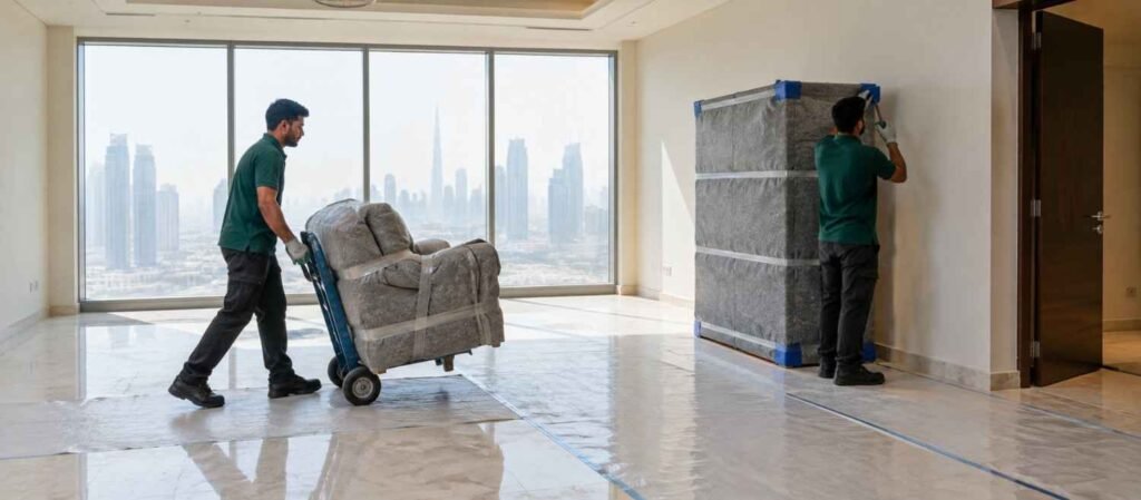 Professional furniture removal in Dubai: workers clearing a living room with floor protection and padded wardrobe.
