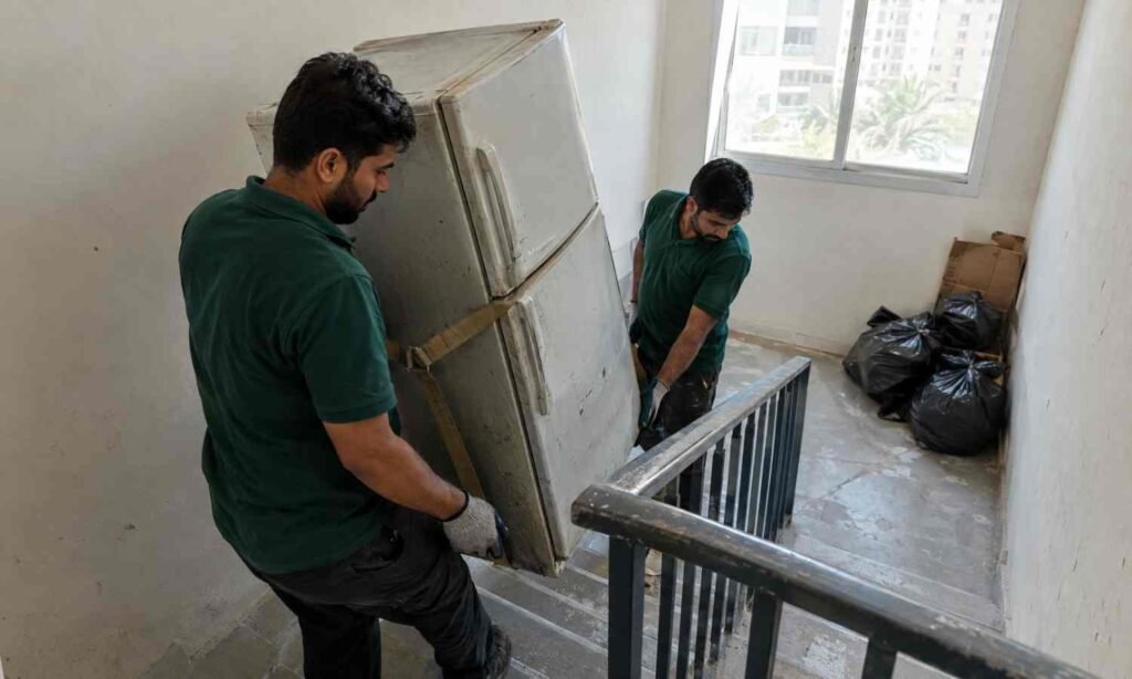 Heavy item removal in Dubai: two workers carrying an old refrigerator down a narrow stairwell with a lifting strap.