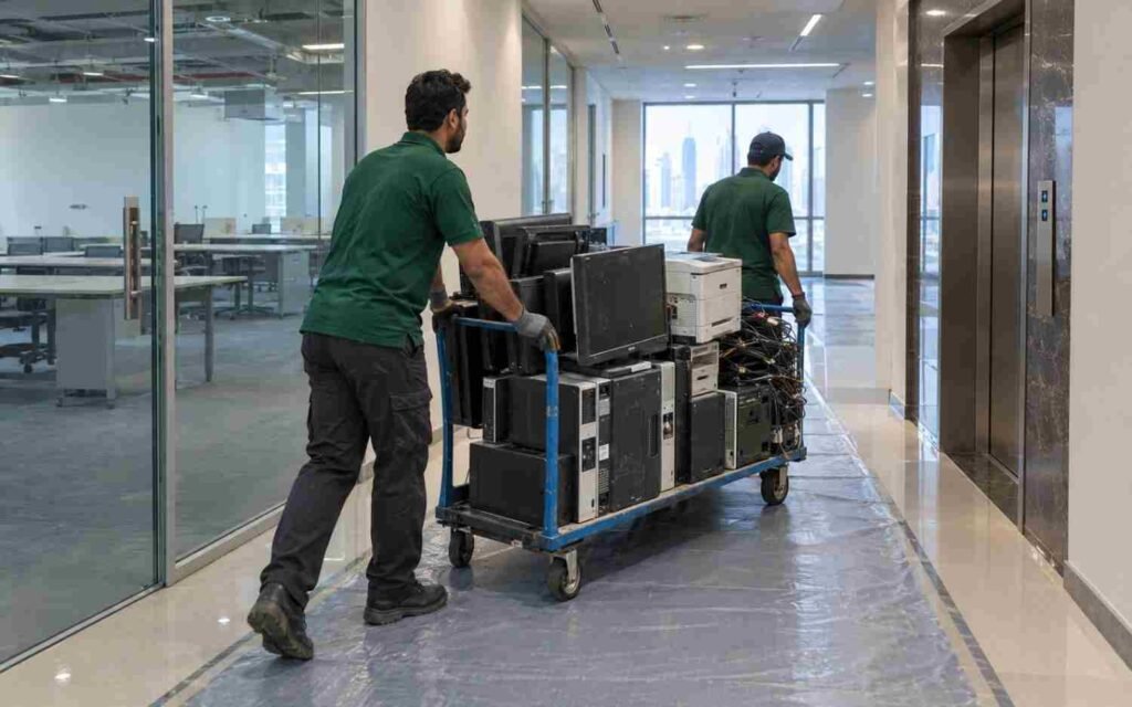 Electronic junk removal in Dubai: workers wheeling old monitors and PC towers out of an office tower.