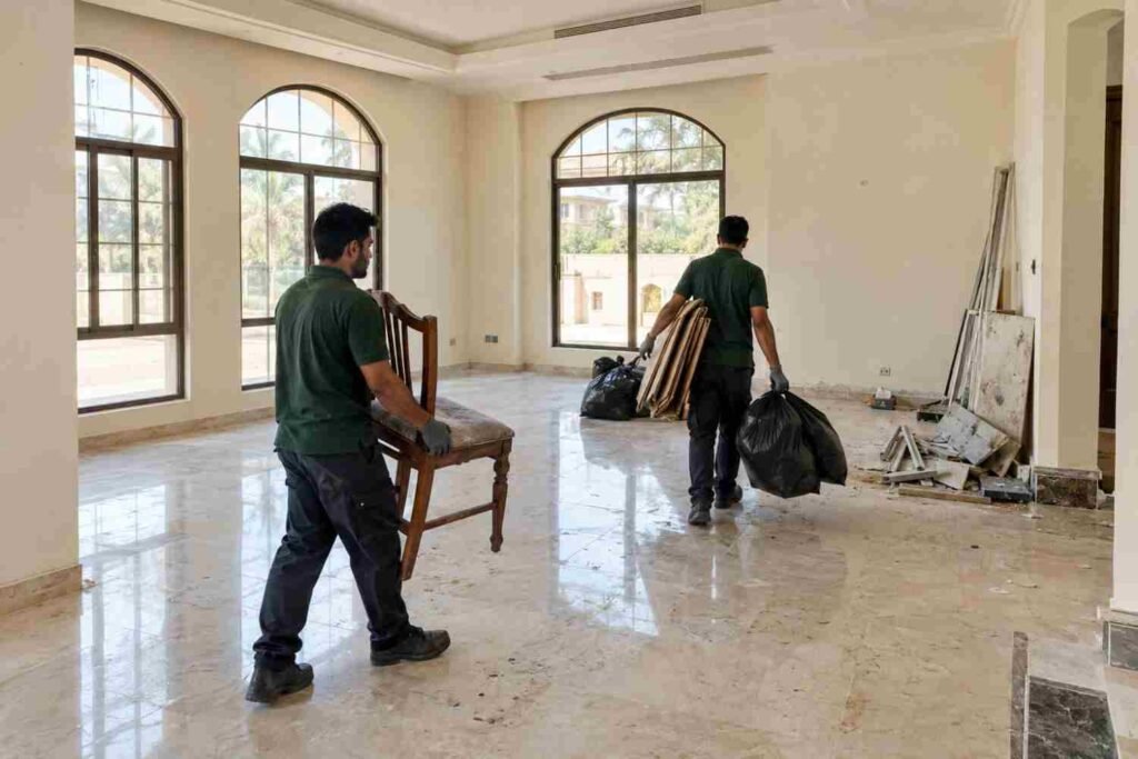 End of tenancy cleanout in Dubai: workers removing leftover furniture and garbage bags from an empty villa.