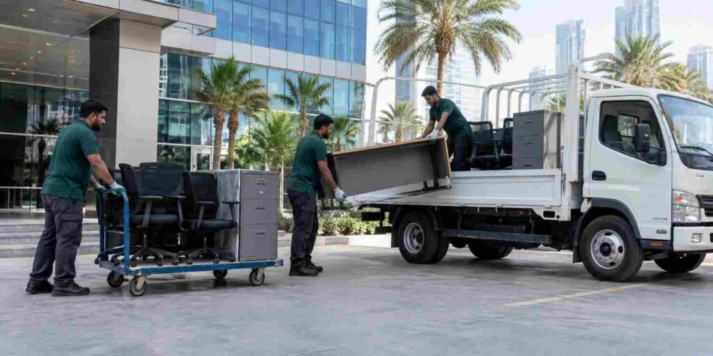 Office furniture removal in Dubai: team loading desks, chairs and a filing cabinet onto a truck at a business tower.