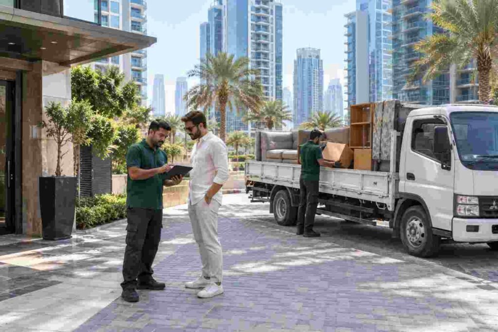 Professional junk removal service in Dubai: two workers carefully moving a wrapped wardrobe with floor protection.