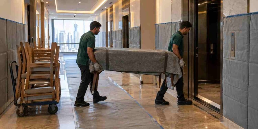 Residential furniture removal in Dubai: workers carrying a wrapped dining table to a service elevator.