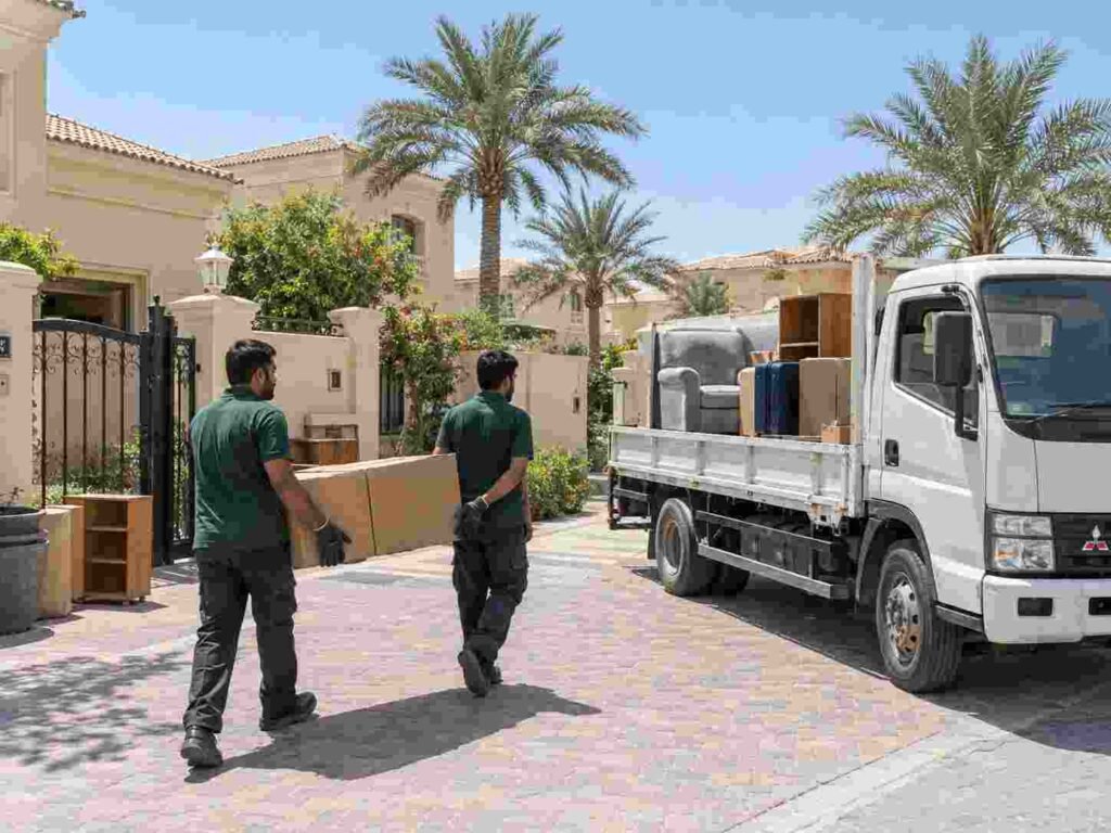 Residential junk removal in Dubai: workers loading boxes and old furniture onto a truck outside a villa.