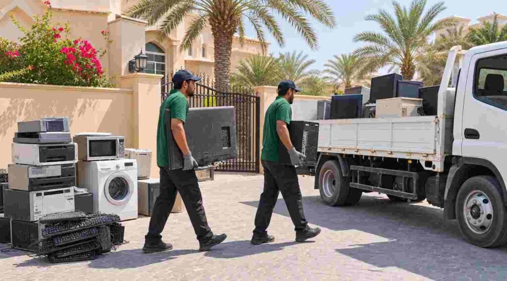 Electronics removal in Dubai: workers carrying an old TV and computer to a truck outside a villa.