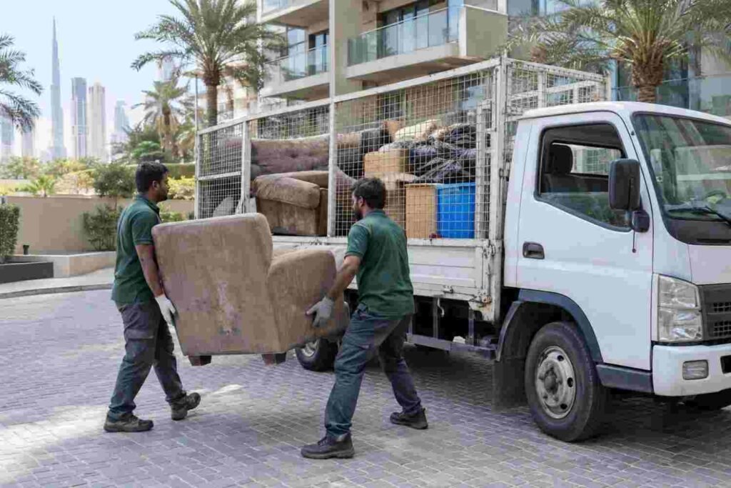Garbage removal in Dubai: workers loading an old sofa, boxes and garbage bags onto a truck on moving day
