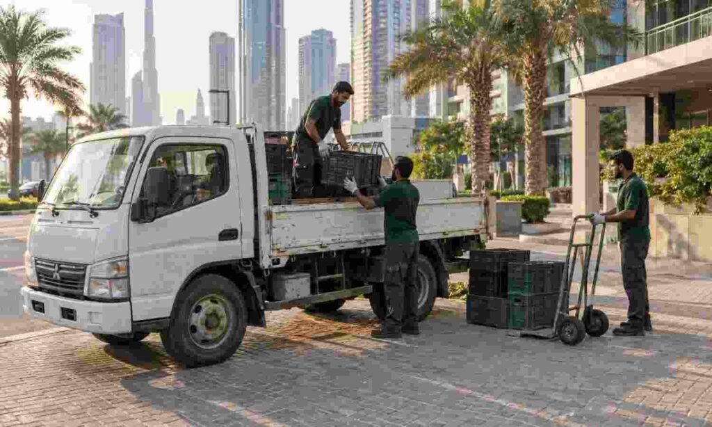 Waste removal service in Dubai: trained team unloading bins, garbage bags and a hand trolley from a truck