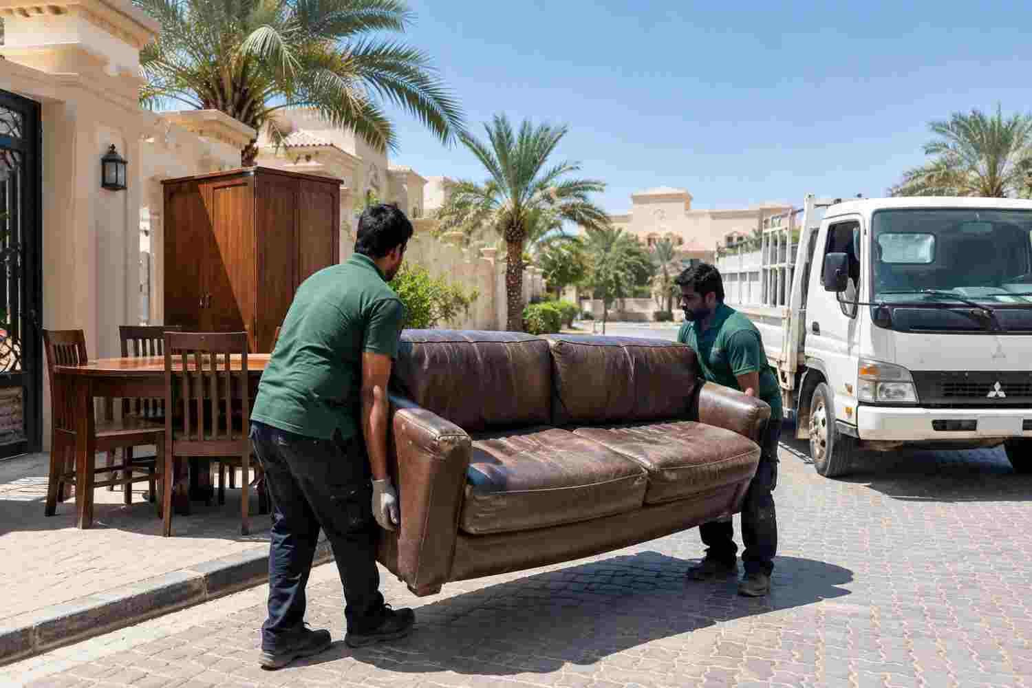 Junk collection in Dubai: two workers carrying an old leather sofa from a villa to a removal truck