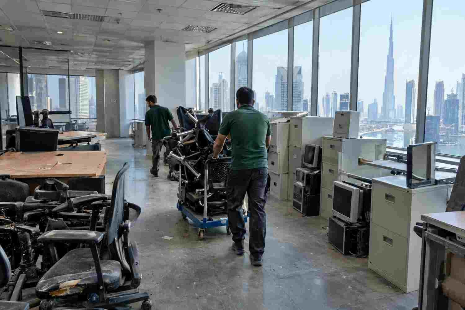 Workers clearing old office chairs, filing cabinets and monitors with Burj Khalifa view in Dubai.