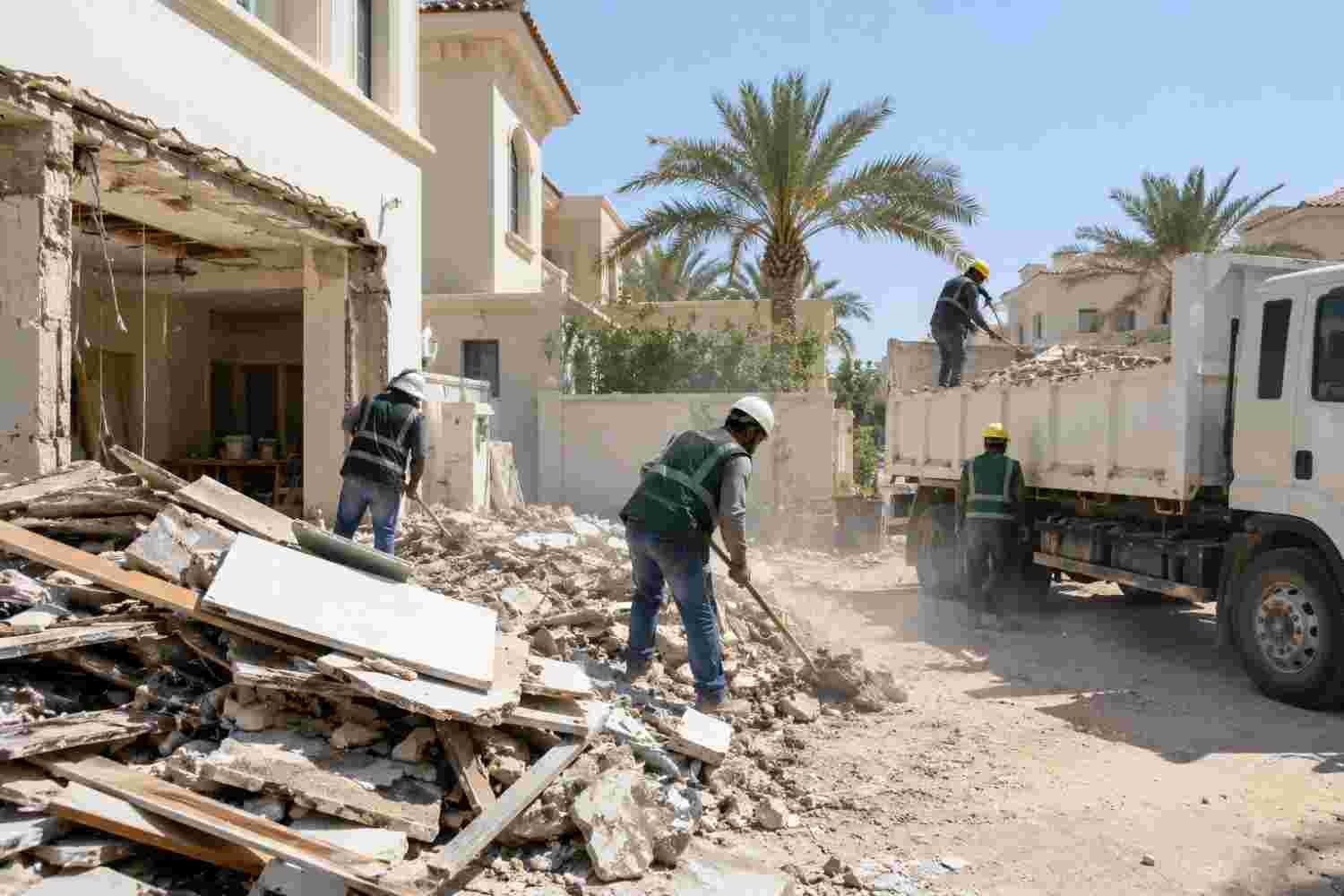 Junk removal service in Dubai clearing construction debris from a villa and loading a dump truck.