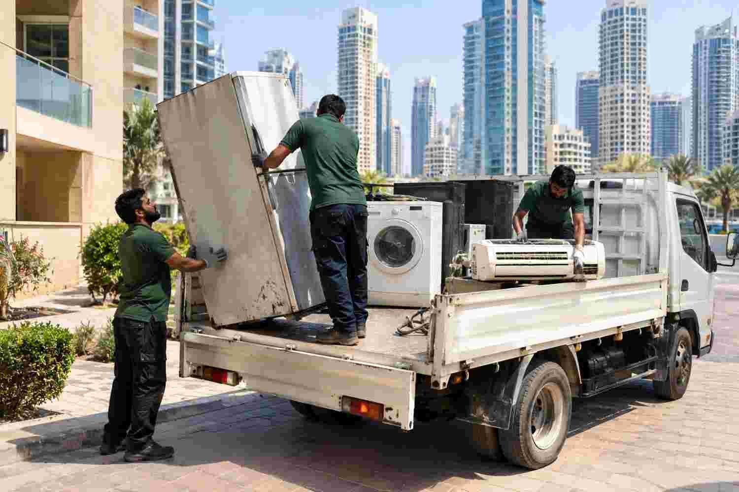 Junk removal service team loading an old fridge, washing machine and AC unit onto a truck in Dubai.