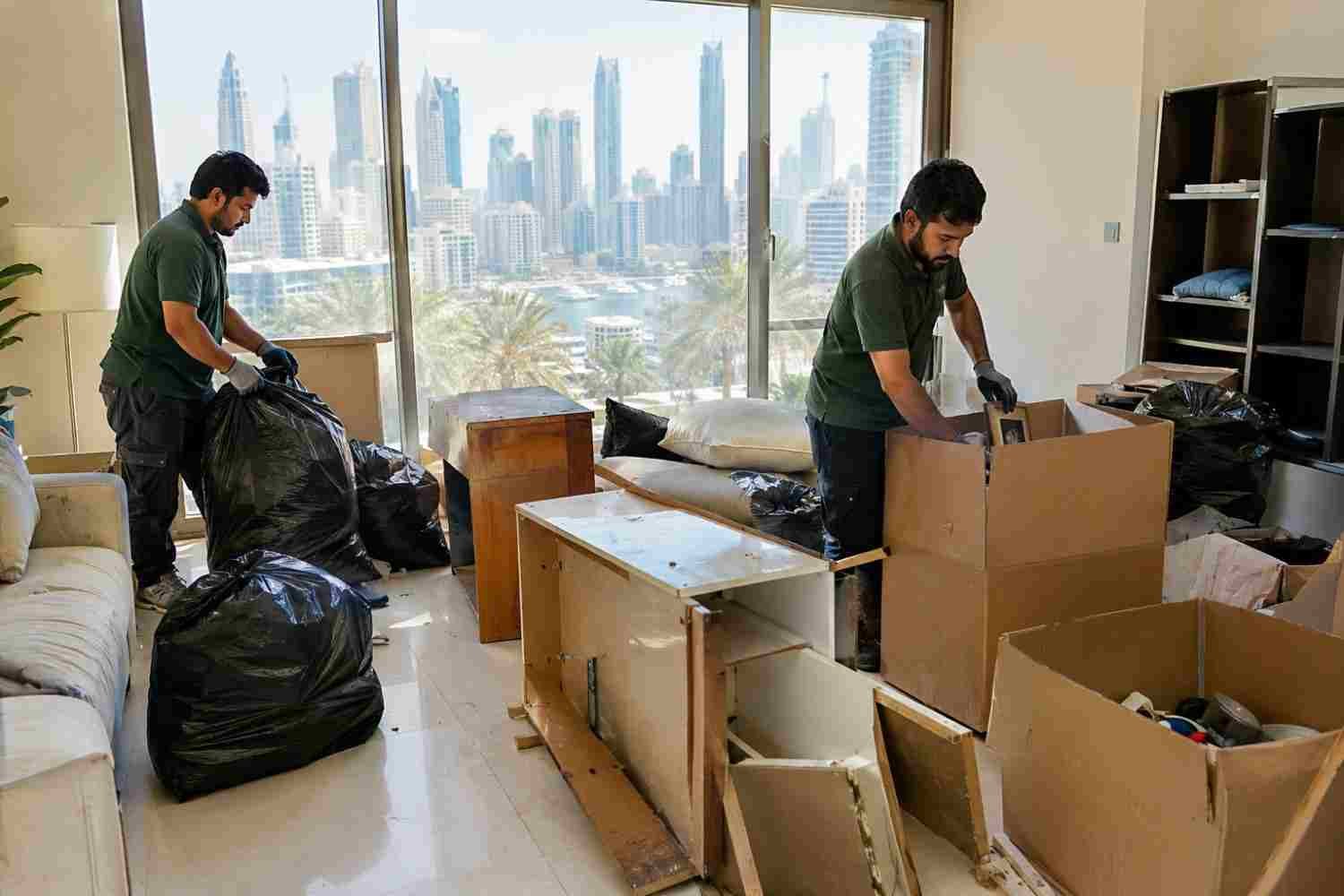 Take my junk UAE: workers packing garbage bags and broken furniture in a Dubai apartment.