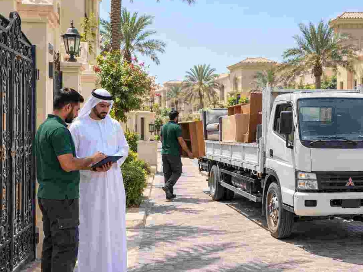 Junk removal Dubai cost: team member giving a price quote to a customer outside an apartment tower.